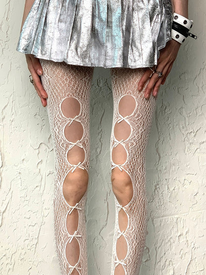 White Bittersweet Cut-out Design Bowknot Details Tights