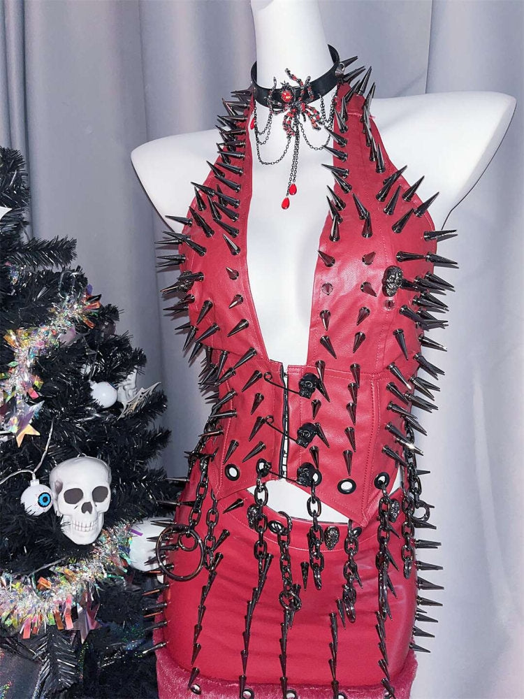 Red Y2K Studs And Skeleton Details Circular Ring Charm PU Halter Neck Top