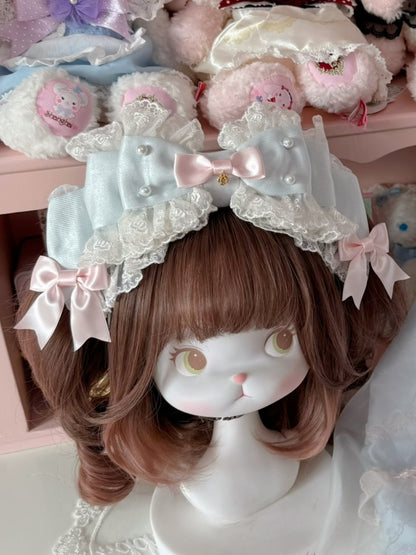 White/Beige/Blue Beaded Decorated Lace Trim Big Bow KC