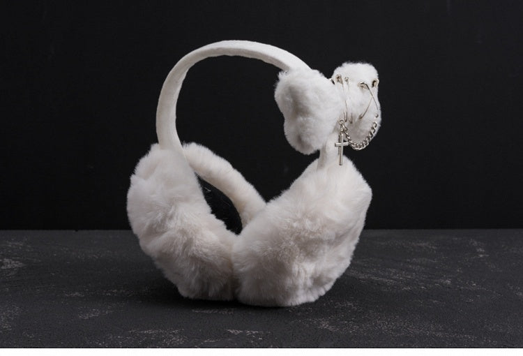 White Handmade Cross and Pins Plush Bone Earmuffs