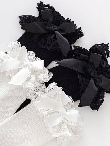 Black/White Lolita Lace Cuff Bowknot Details Calf Socks
