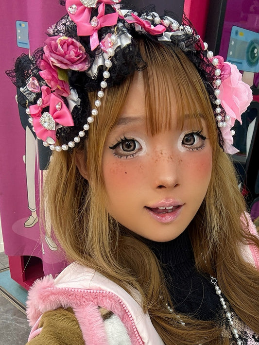 Black&Pink Rhinestone Heart Decorated Beaded Charm Floral Design Lace Trim Bowknot Hairband