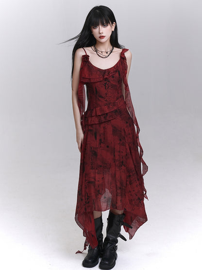 Red Cascading Ruffles Handkerchief Hem Sleeveless Dress