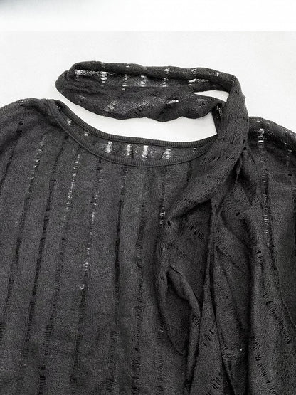 Black Cutout Detail Asymmetrical Hem Long Sleeves Top + Scarf