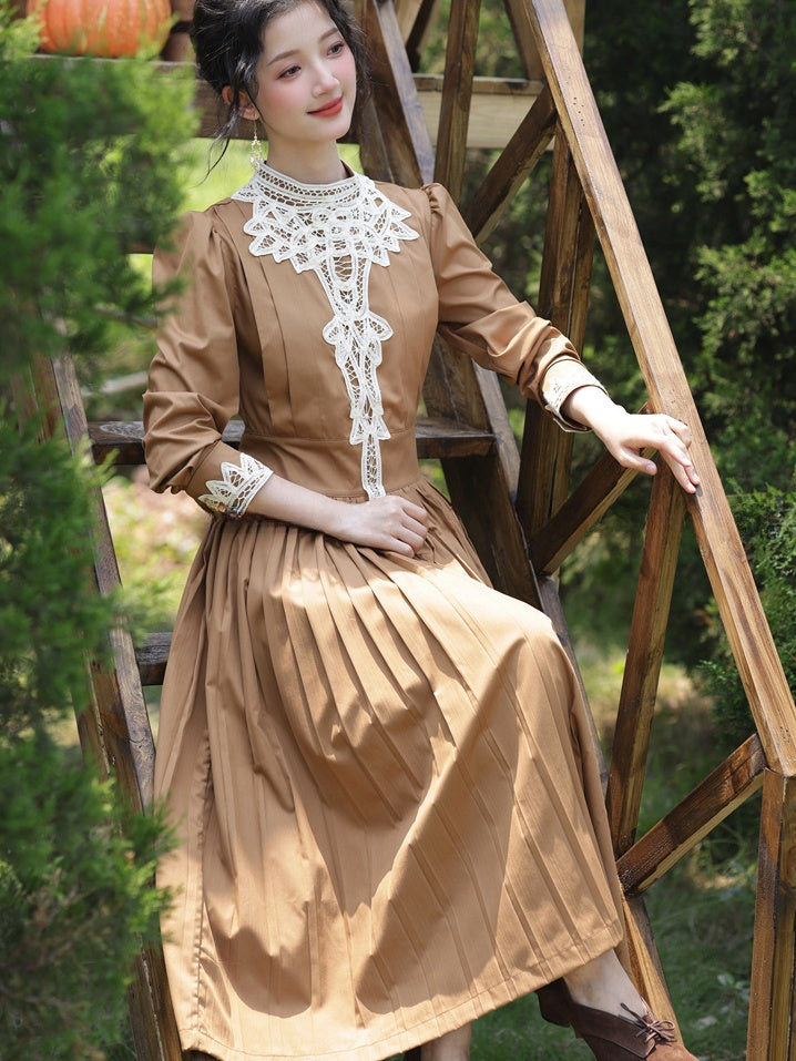 Brown Vintage Banded Collar Long Puff Sleeves Dress