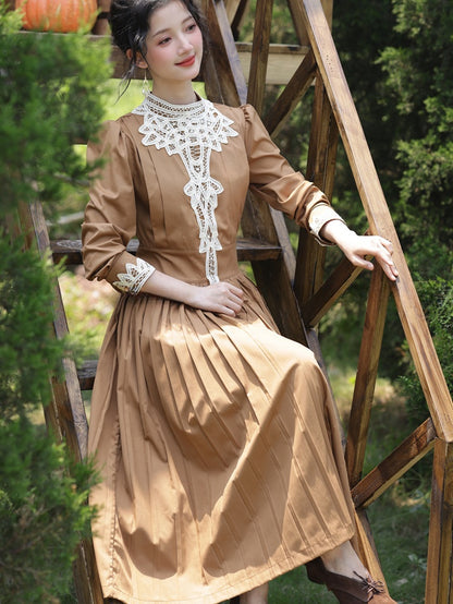 Brown Vintage Banded Collar Long Puff Sleeves Dress