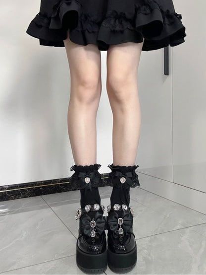 Jirai Kei Black Bowknot and Heart Rhinestone Decoration Lace Cuffs Black Cotton Ankle Socks