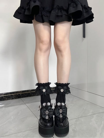 Jirai Kei Black Bowknot and Heart Rhinestone Decoration Lace Cuffs Black Cotton Ankle Socks