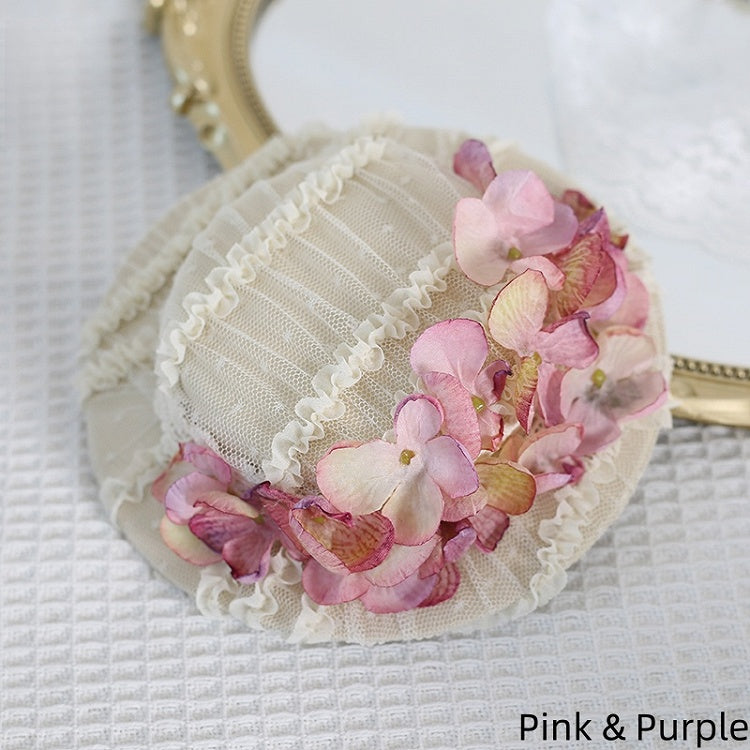 5 Colors Elegant Lace Flat Hat with Singed - edge Hydrangea Decorations