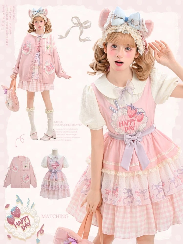 Pink Peter Pan Collar Strawberry Cake Embroidery Tiered Skirt Sweet Lolita Dress