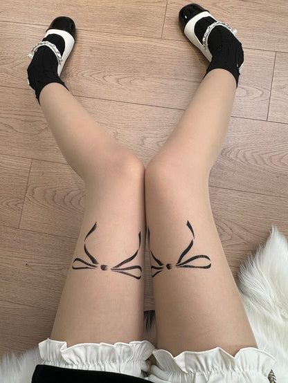 Nude Bowknot Print Tights