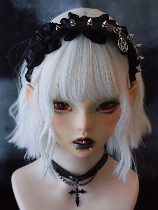 Black Gothic Ruffle Trim Decorated Studs With Pentagram Charm Design KC