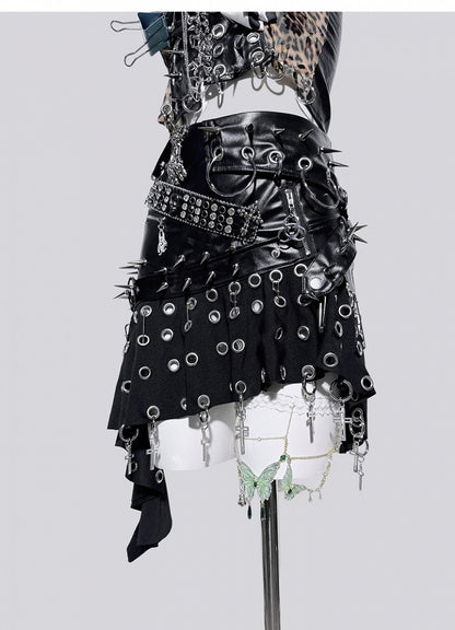 Punk Black Ring Cross Studs Asymmetrical Hem PU Skirt