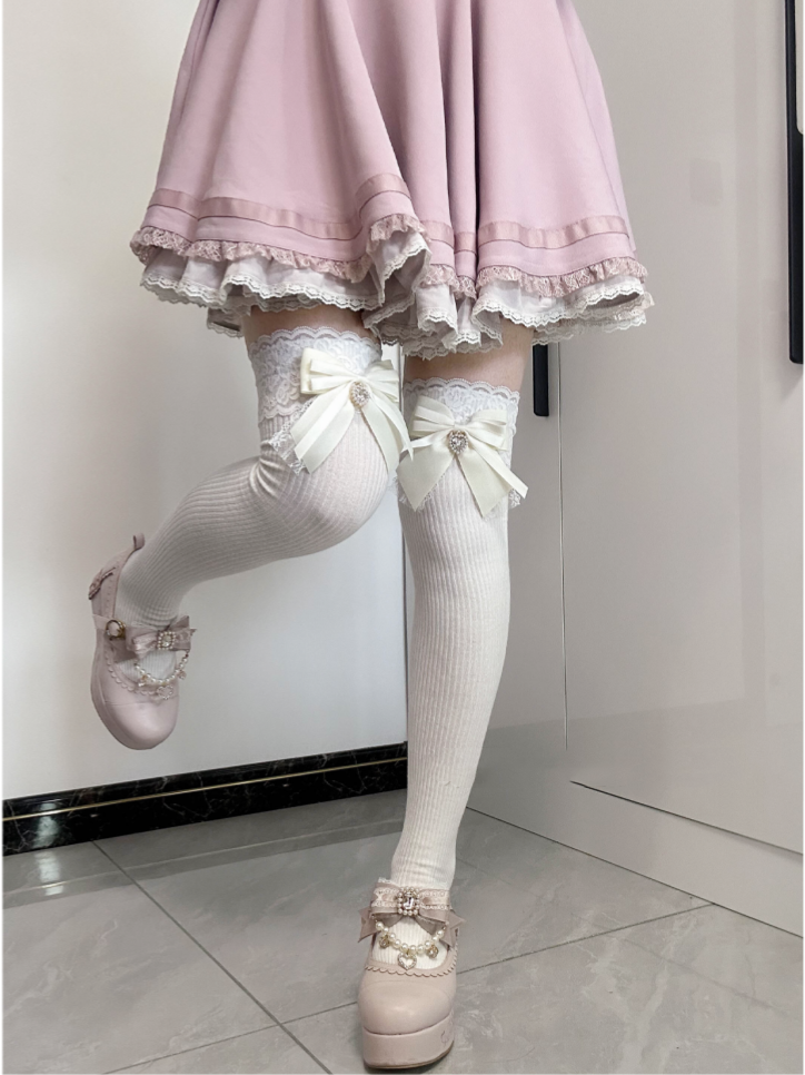 Apricot Bow Detail Front Heart Rhinestone Jirai Kei Over Knee Stockings