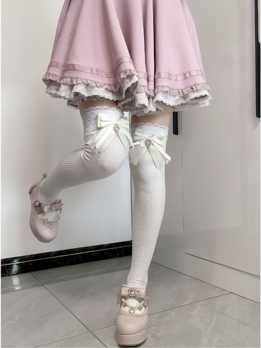 Apricot Bow Detail Front Heart Rhinestone Jirai Kei Over Knee Stockings