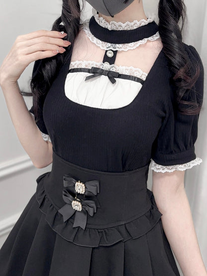 Jirai Kei Black Banded Collar Cutout Front Short Sleeves Blouse