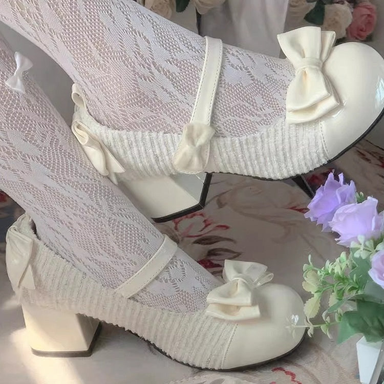Apricot Bowknot Round Toe 3.5CM Block Heel Lolita Mary Janes