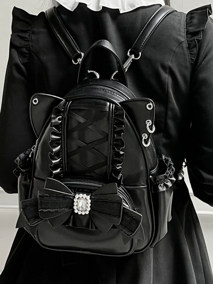 Jirai Kei Black Cat Ear Backpack With Beaded and Rhinestone Bow