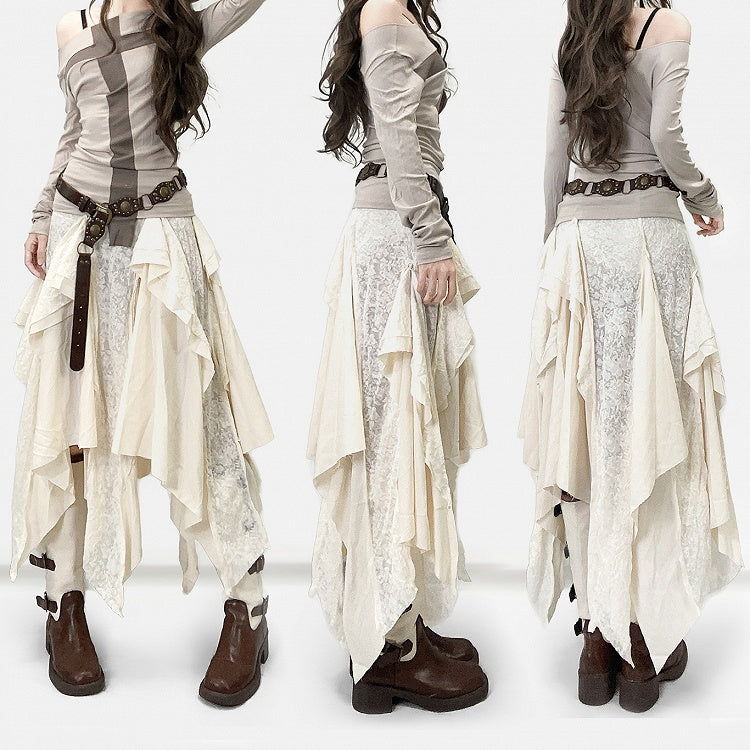 Apricot Cross Design Asymmetrical Neckline Long Sleeves Top