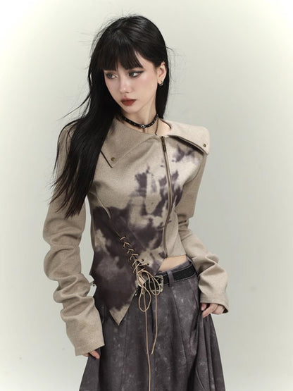 Wasteland Punk Khaki Asymmetrical Hem Cropped Jacket with Lace-up Detail at Front