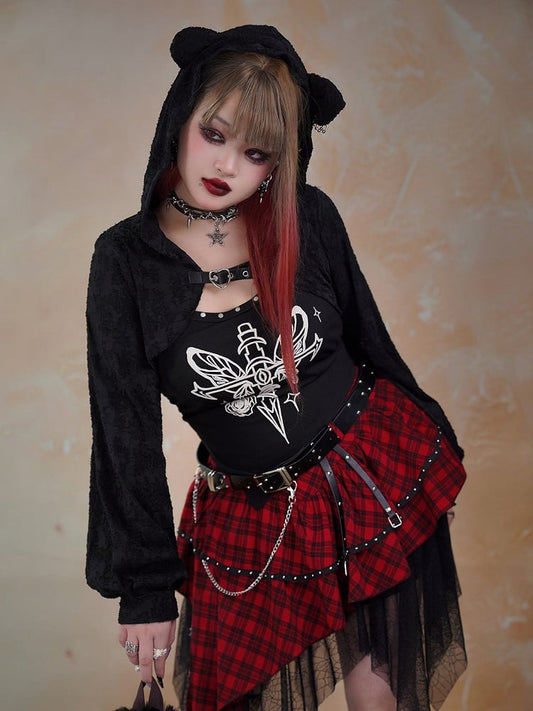 Plus Size Heart Buckle Black Punk Long Sleeves Hooded Top