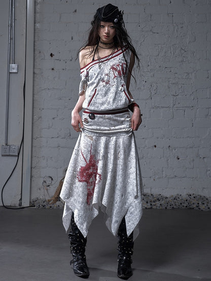 Asymmetrical Neckline Gray/White Wasteland Punk Distressed Dress with Detachable Handkerchief Hem