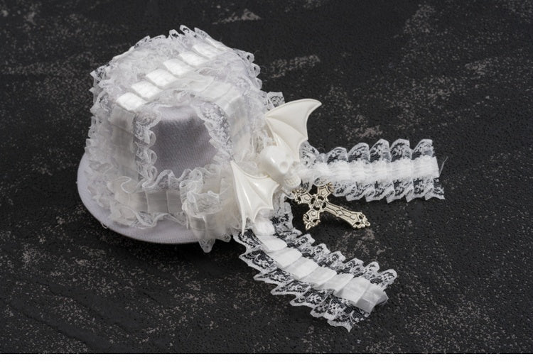 White Gothic Bat Wing Skeleton Cross Lace Trim Hat Hairclip