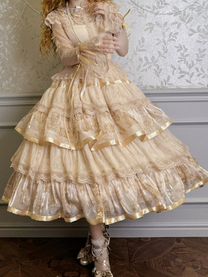 Champagne Bunny and Kitty Print Lolita Tiered Ruffle Skirt