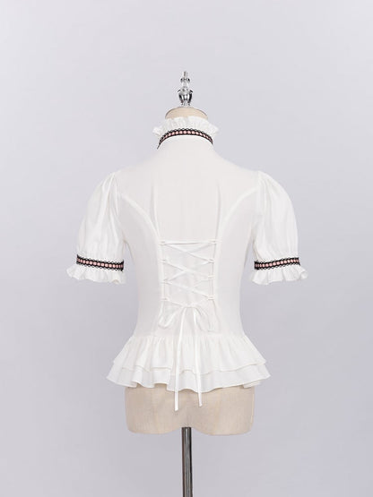 White Ruffled Neckline and Cuffs Short Sleeves Shirt