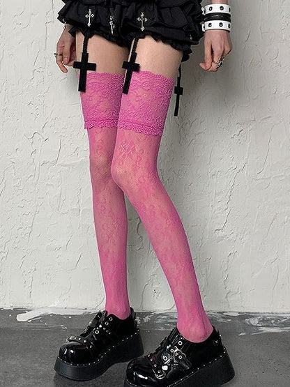 Rose Pink Floral Pattern Lace Trim Y2K Overknee Stockings