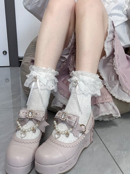 Jirai Kei White Bowknot and Heart Rhinestone Decoration Lace Cuffs White Cotton Ankle Socks
