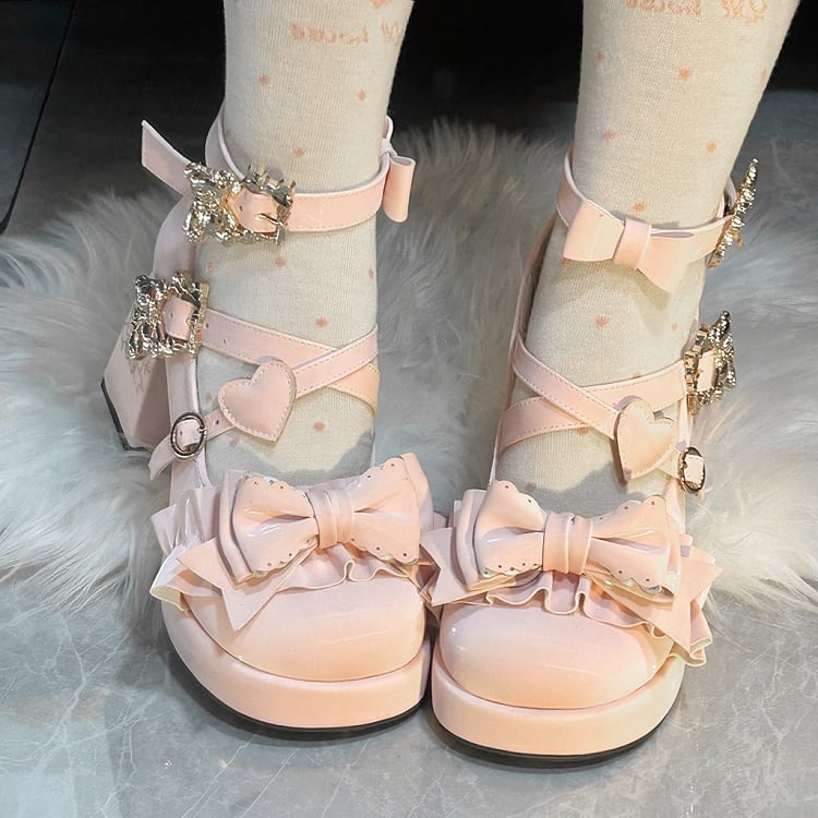 Pink Bear Buckle Straps Bowknot High Block Heels with Bear Embroidery