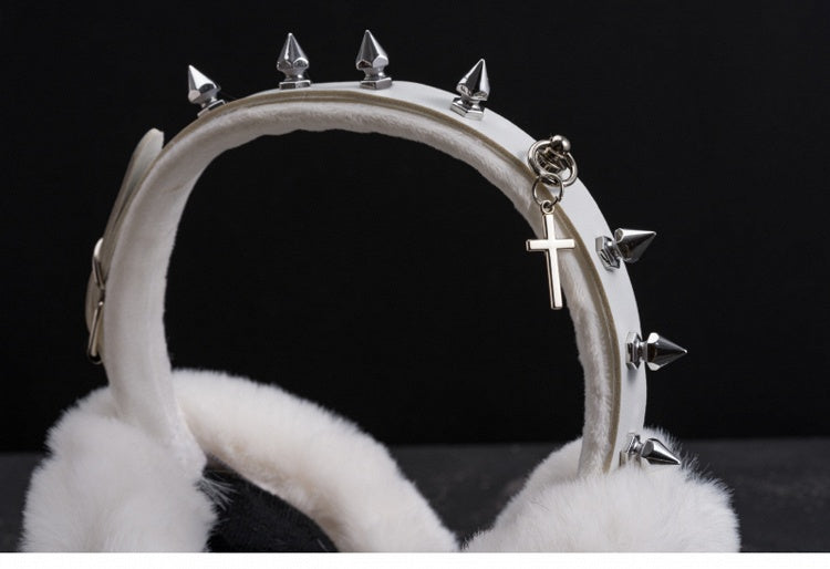 White Handmade Studs Cross Buckle Plush Earmuffs