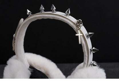 White Handmade Studs Cross Buckle Plush Earmuffs