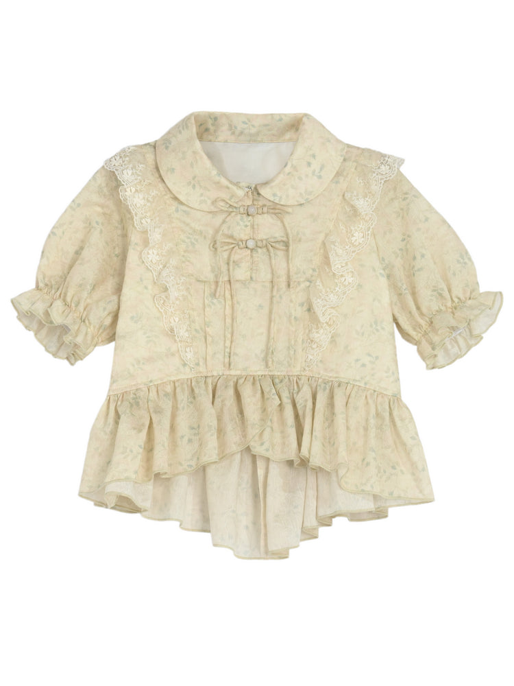 Peter Pan Collar Apricot Lace Trim High-low Blouse