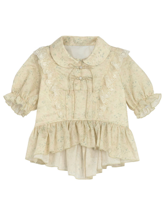 Peter Pan Collar Apricot Lace Trim High-low Blouse