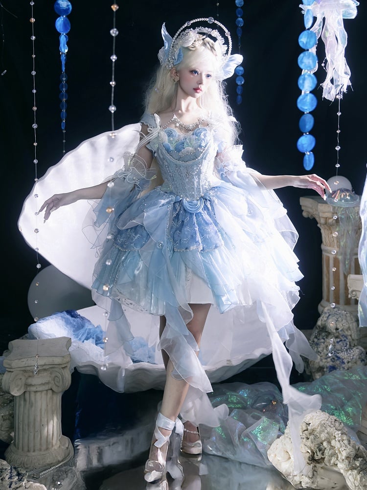 Light Blue Corset Waist Princess Lolita Beads and Sequins Detail Cascading Ruffle Accents Fairy Layered Dress