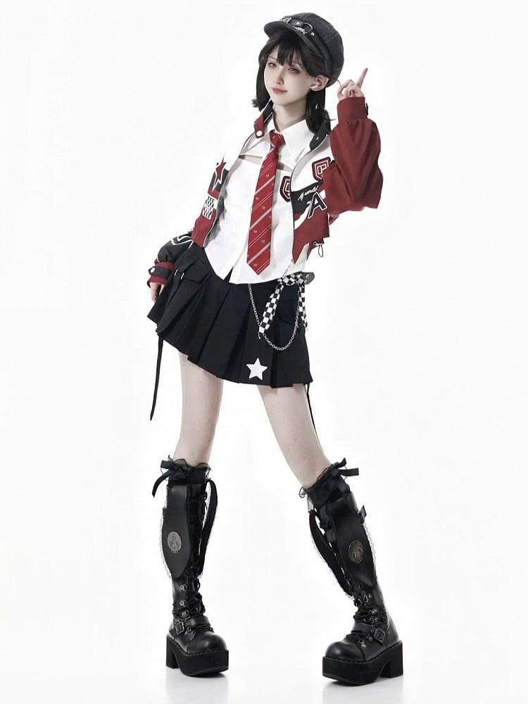 White & Red Moto-Inspired Cropped Zipper Jacket with Embroidered Applique Accents