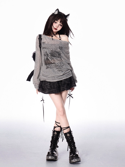 Off-the-shoulder Neckline White/Gray Semi-sheer Graphic Coverup