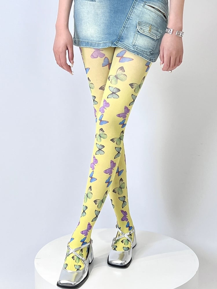 Yellow/Black Butterfly Print Tights