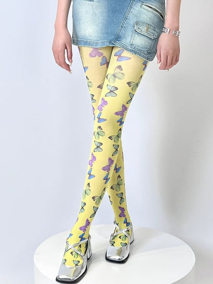 Yellow/Black Butterfly Print Tights