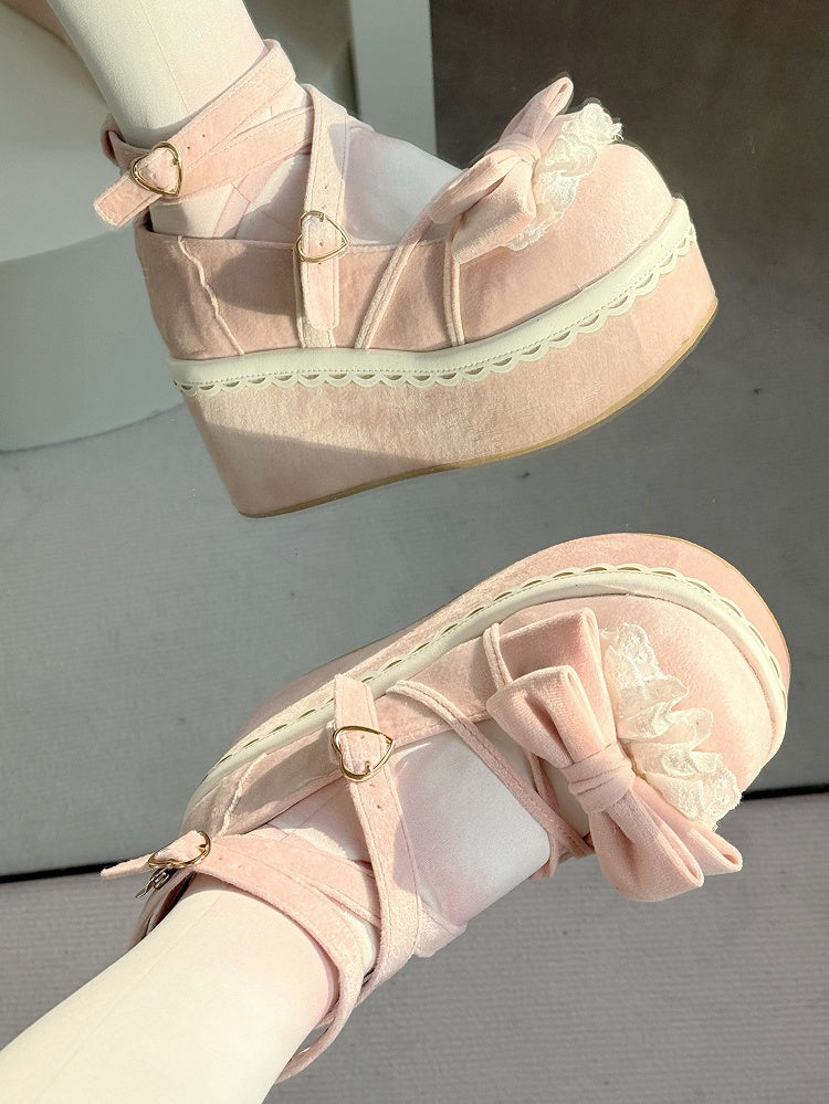 Pink Sweet Lolita Platforms in Velvet - Delicate Lace-Edged Bow, Ornate Heart Closure & Crossed Strap Details