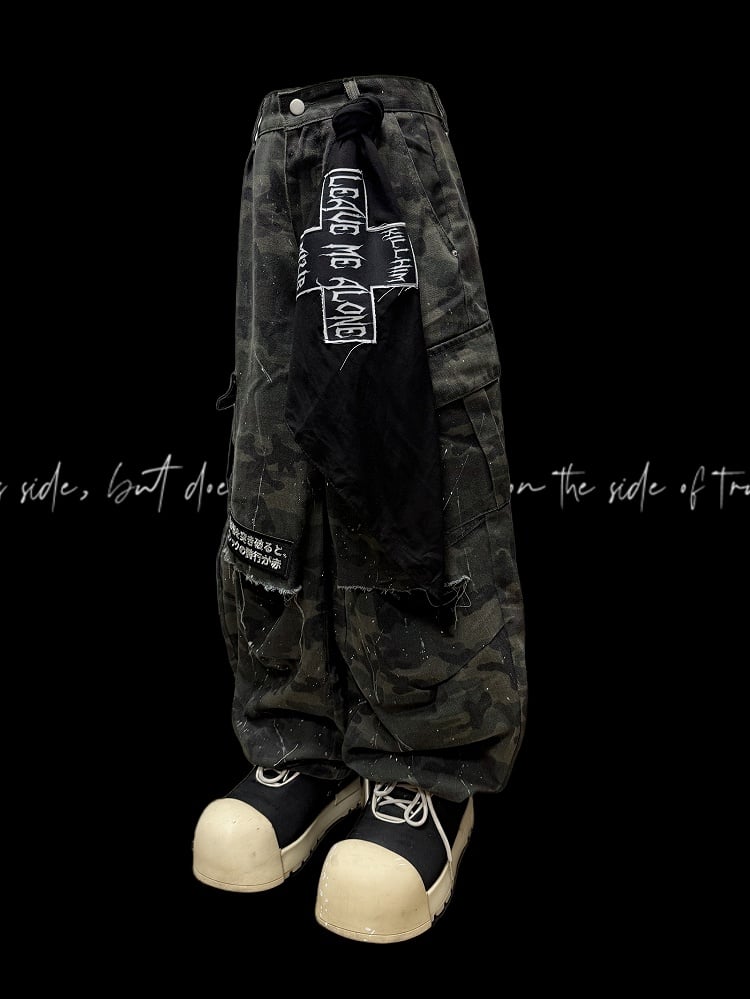 Army Green Camo Pattern Wide-Leg Cargo Pants