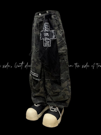 Army Green Camo Pattern Wide-Leg Cargo Pants