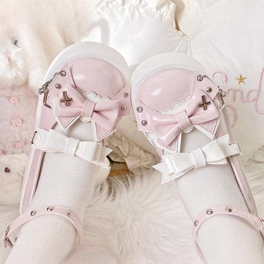 Punk Crosses and Chains Pink Bow Accents Platforms Buckle Ankle Strap