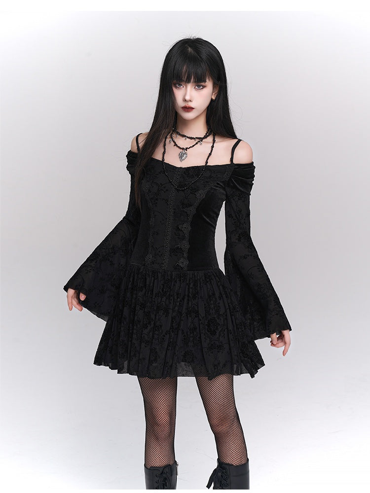 Black Gothic Velvet Off-the-shoulder Neckline Bell Sleeves Lace Trim Dress