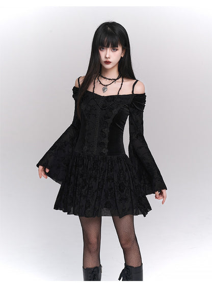 Black Gothic Velvet Off-the-shoulder Neckline Bell Sleeves Lace Trim Dress