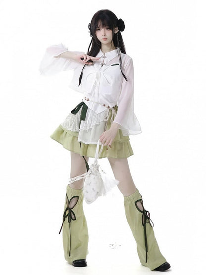 Green Cheongsam Style Elastic Waist Tiered Skirt with Waist Belt