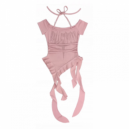 Y2K Red/Pink/Purple Cascading Ruffles Halter Neck T-shirt