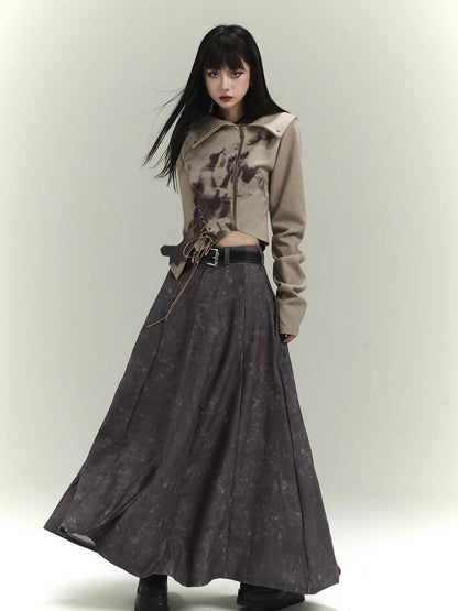Wasteland Punk Khaki Asymmetrical Hem Cropped Jacket with Lace-up Detail at Front